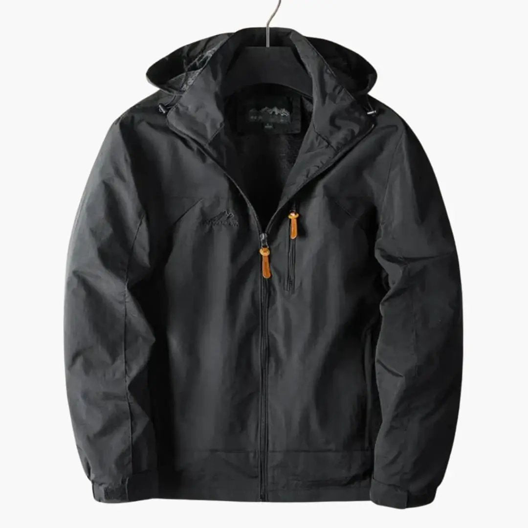 Men's outdoor bomber jacket with hood by Wilfred Smith, black with orange zipper pulls