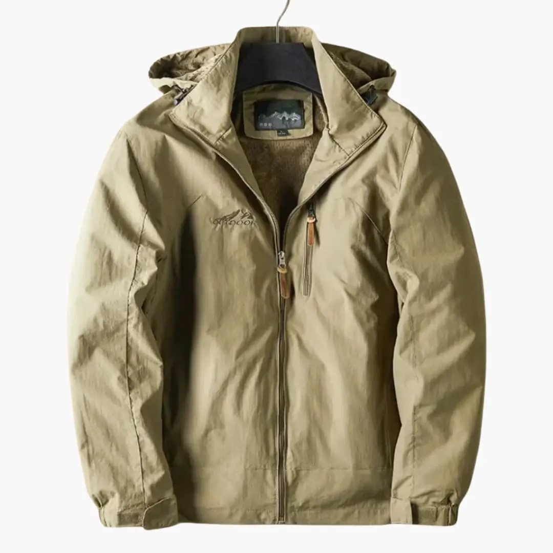 Men's Outdoor Jacket with Hood and Zipper by Wilfred Smith in tan