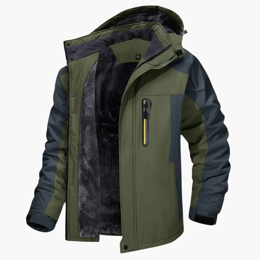 Men’s outdoor jacket with hood by Wilfred Smith; olive green with dark gray panels, fleece-lined interior