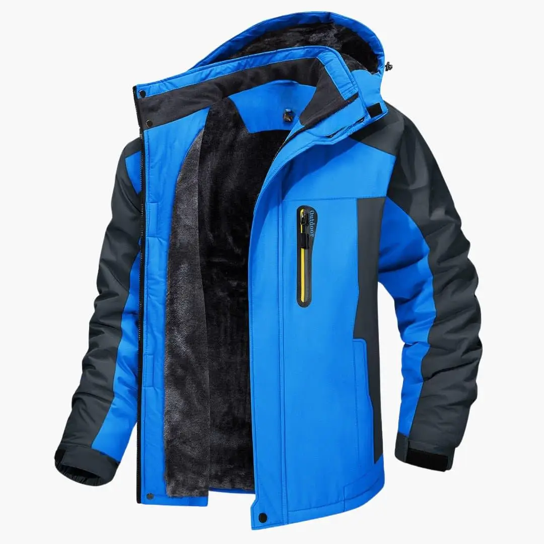 Men’s Outdoor Jacket with Hood and Zipper in blue with black panels by Wilfred Smith