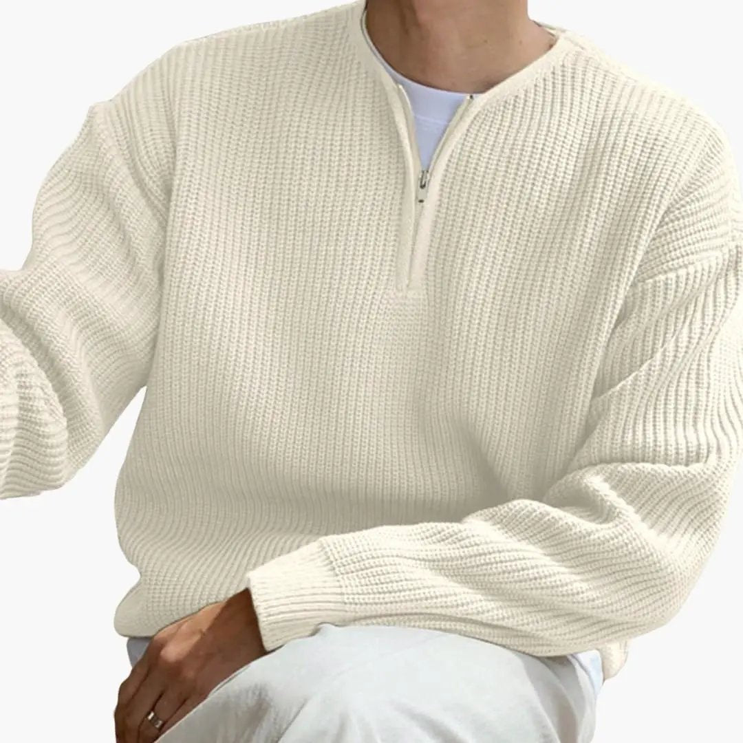 Men's oversized half-zip knit sweater by Wilfred Smith in cream.