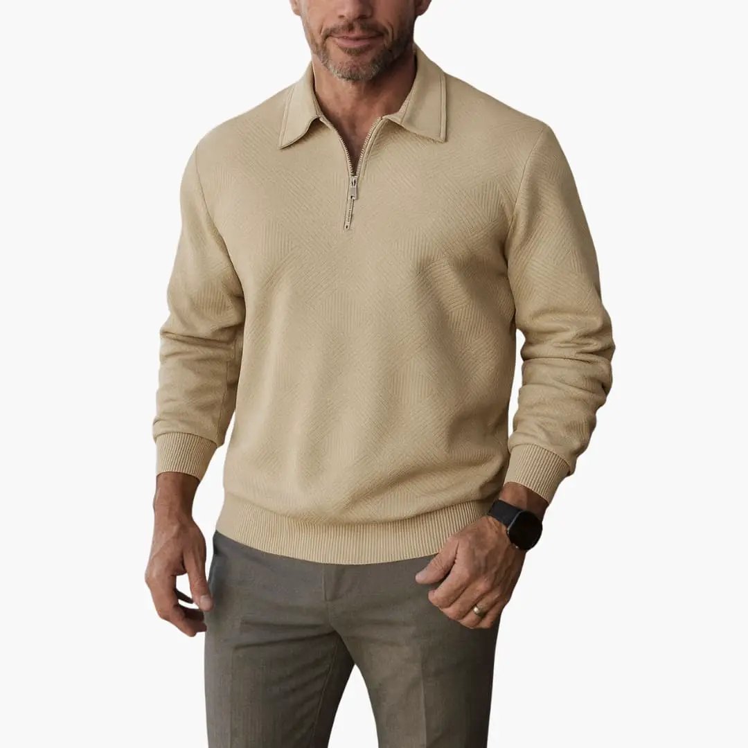 Men's Half-Zip Sweater with Turn-Down Collar in tan knit by Wilfred Smith