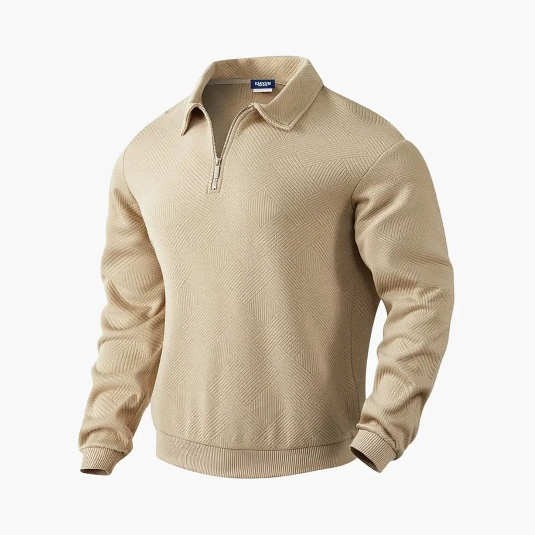 Men’s Half-Zip Sweater by Wilfred Smith in beige with turn-down collar and geometric knit pattern.
