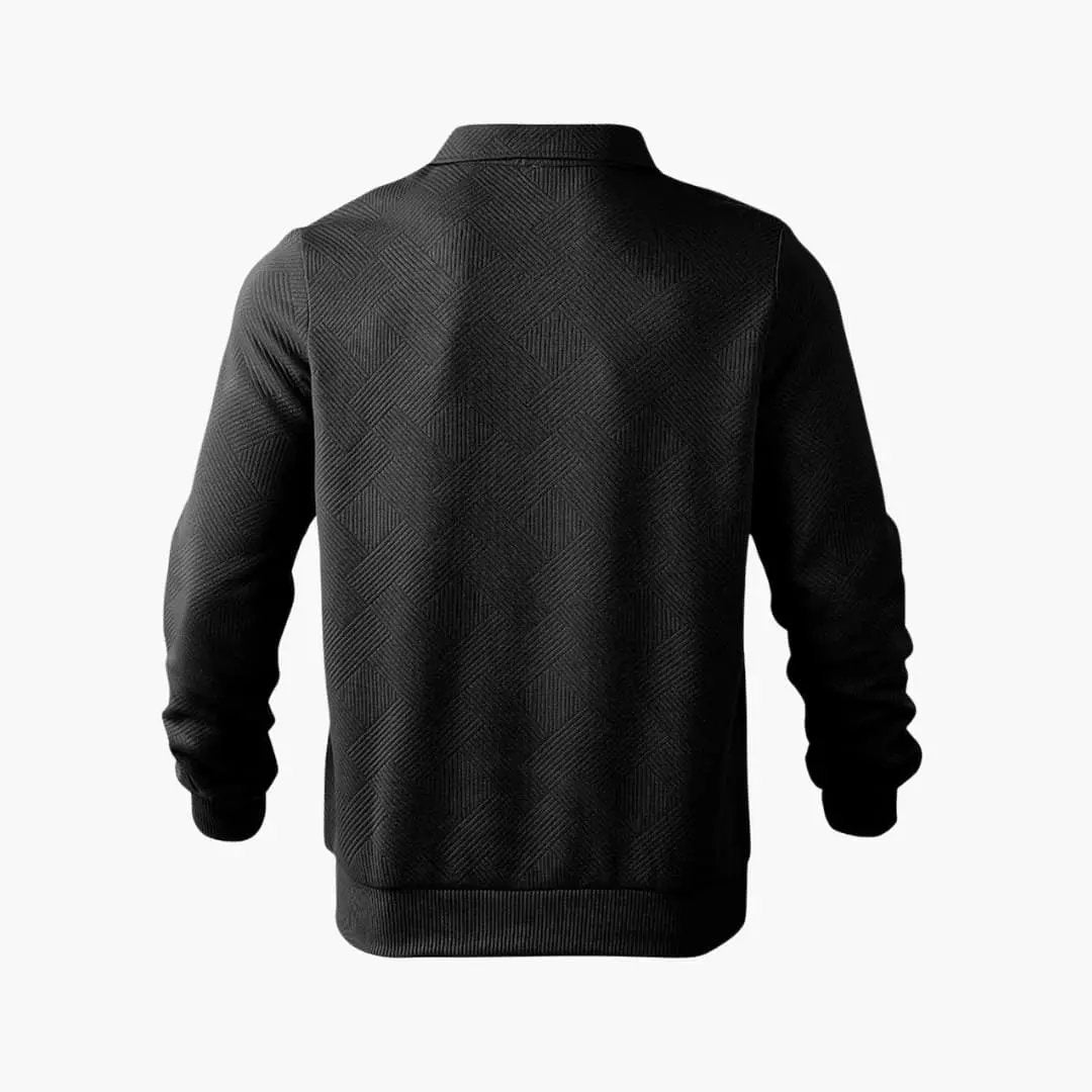 Men’s half-zip sweater in black with a textured geometric knit pattern, back view
