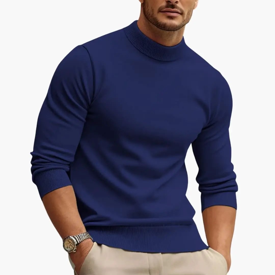 Men's blue round-neck sweater with ribbed cuffs and hem