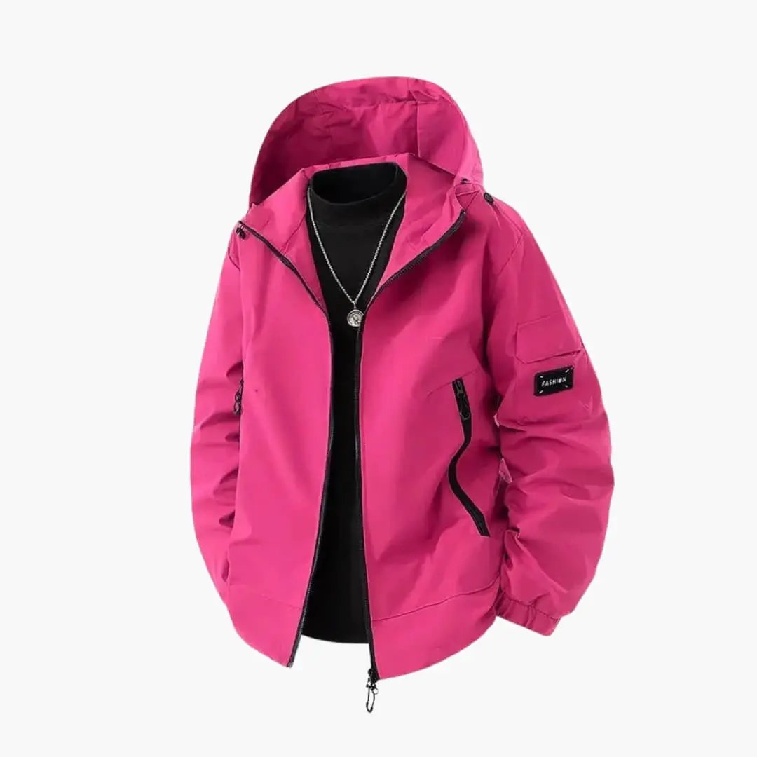 Men's pink ski jacket with hood, black zippers and pocket details