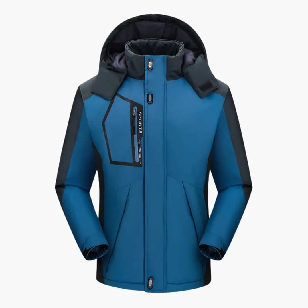 Men's ski jacket with hood by Wilfred Smith in blue and black panels, front zipper and chest pocket.