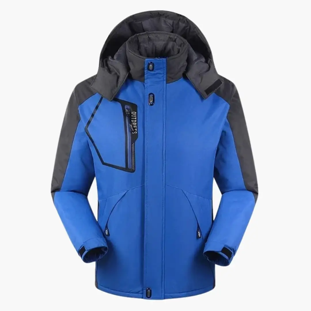 Men's ski jacket with hood in blue and gray by Wilfred Smith; front zipper and chest pocket.