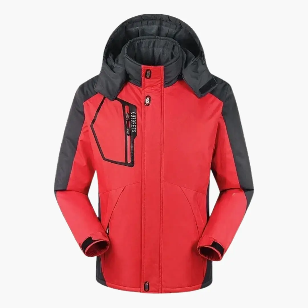 Men's hooded ski jacket in red and dark gray by Wilfred Smith