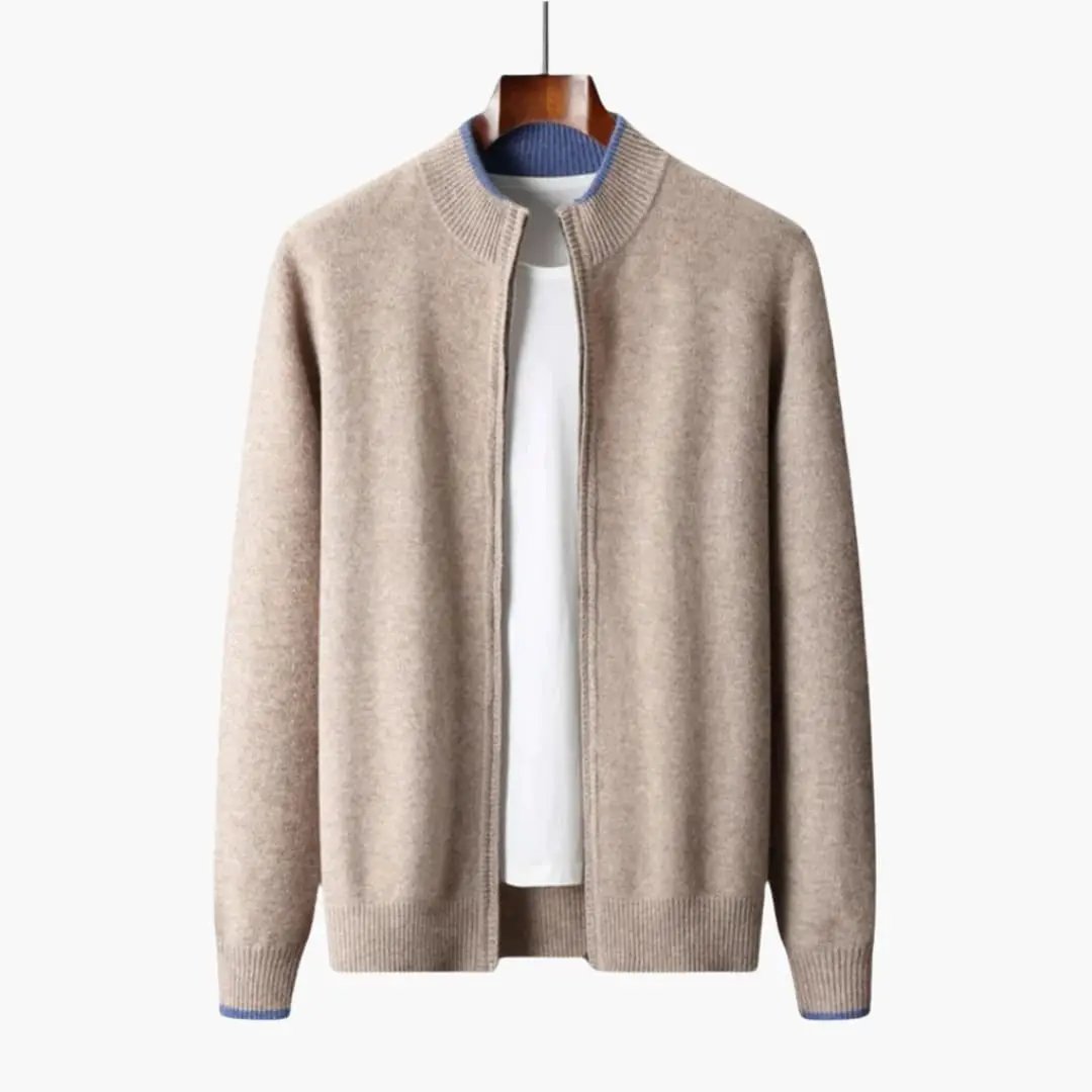 Men's beige zip-up cardigan with ribbed collar, cuffs, and hem on hanger.