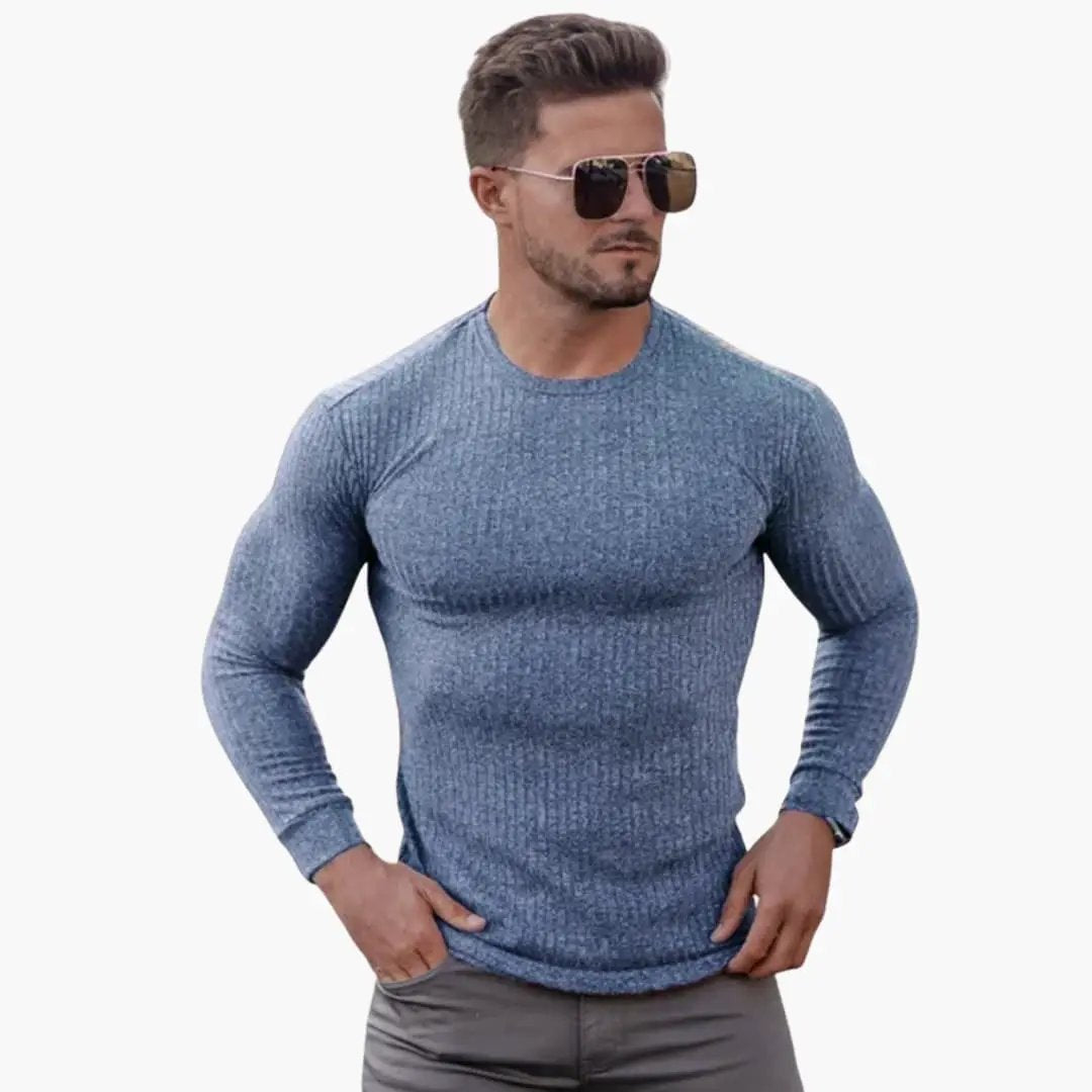 Men's blue ribbed knit sweater by Wilfred Smith, Herren Pullover