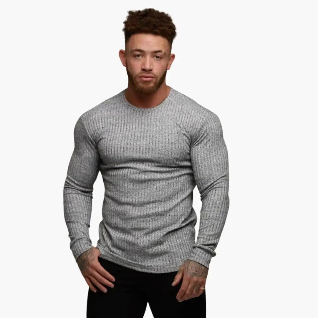 Men's gray ribbed-knit long-sleeve sweater for casual wear