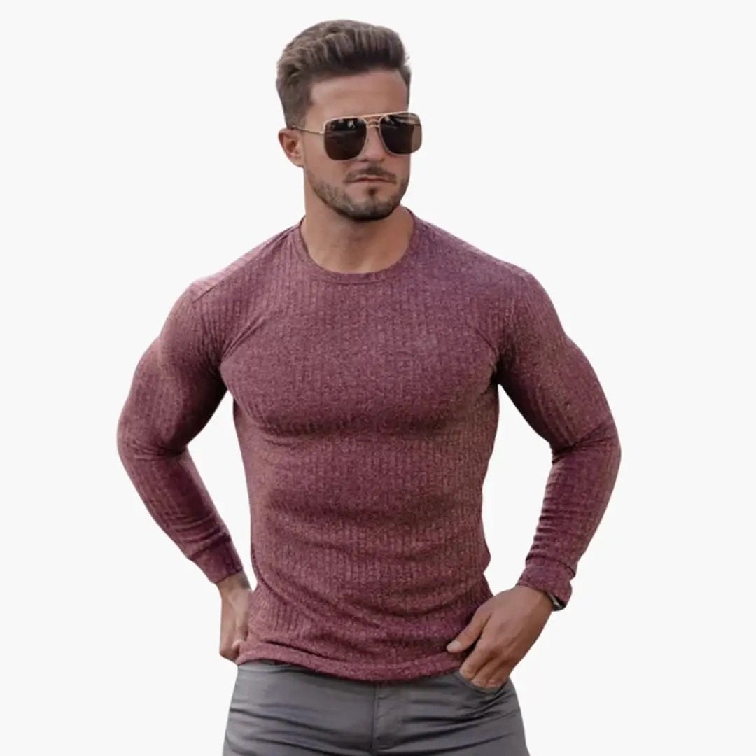 Men's Knit Sweater with Ribbed Knit, maroon long-sleeve ribbed pullover