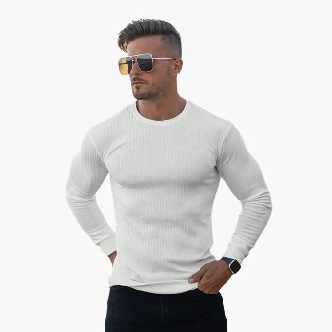 Men's white ribbed knit crew-neck sweater by Wilfred Smith.
