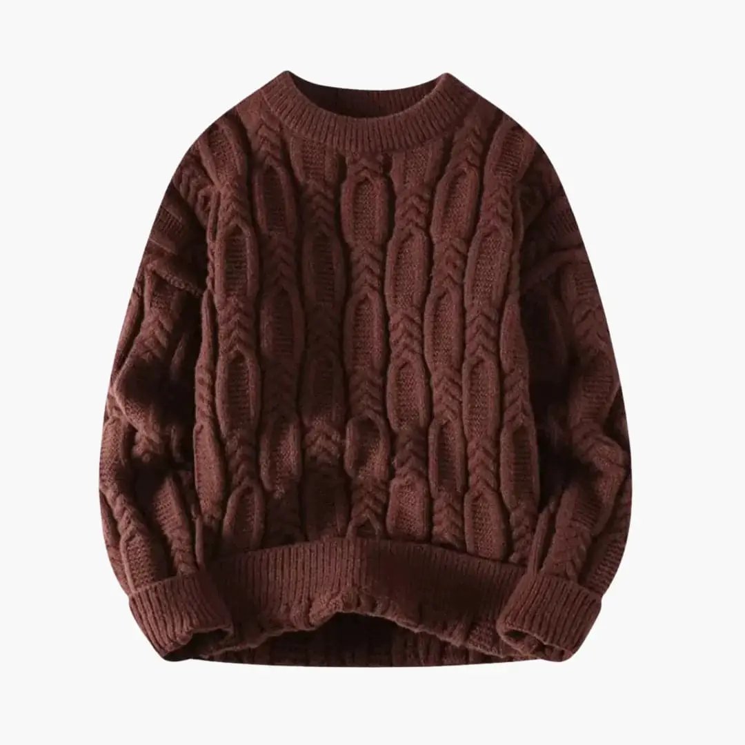 Men's Cable Knit Sweater by Wilfred Smith in burgundy.