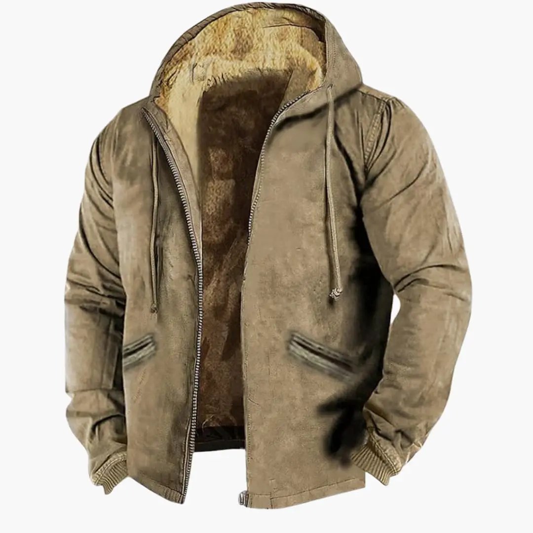 Men's hooded jacket by Wilfred Smith, tan suede-style exterior with fur-lined interior, zip front, drawstring hood, side pockets