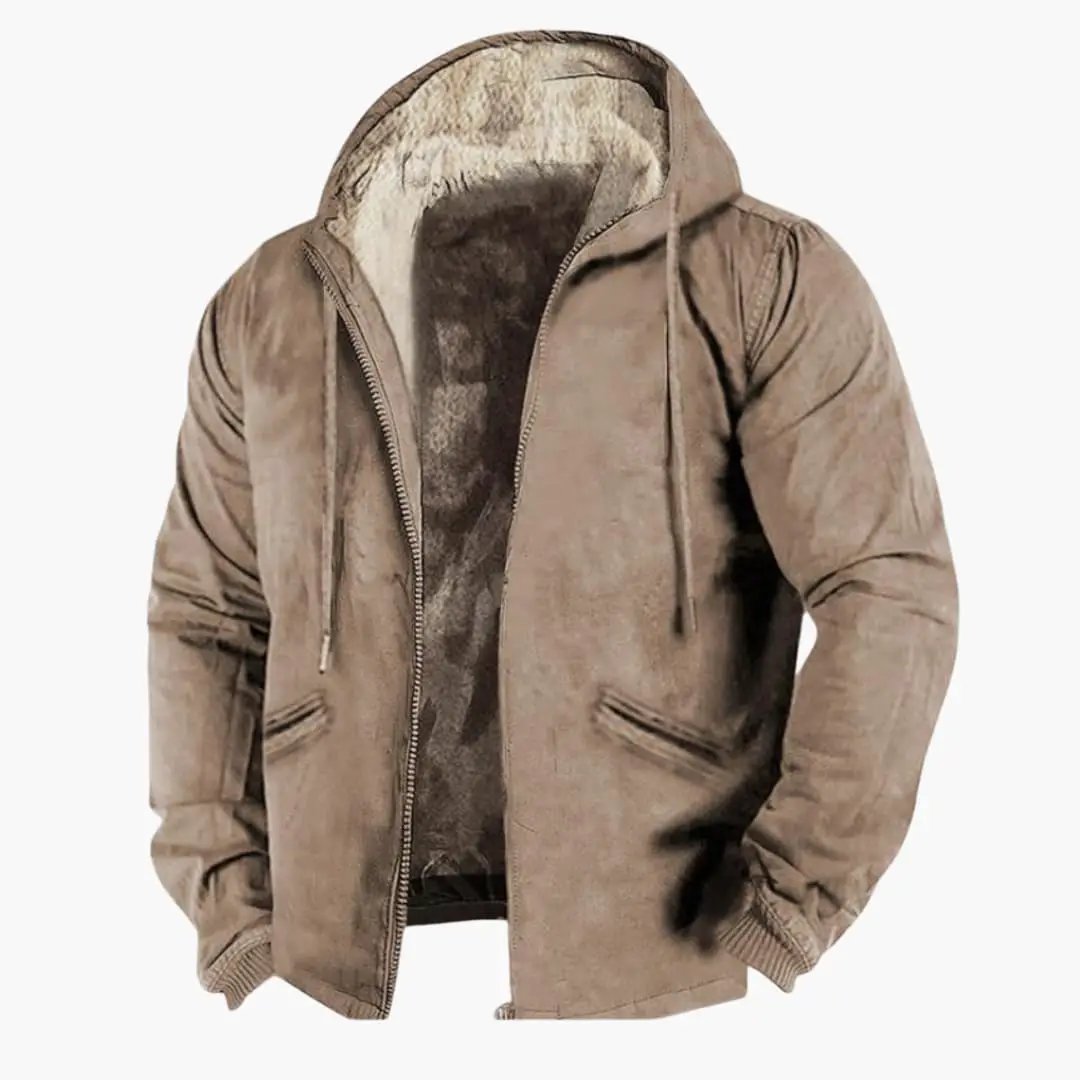 Men's hooded jacket with zipper, tan suede exterior and fur lining.