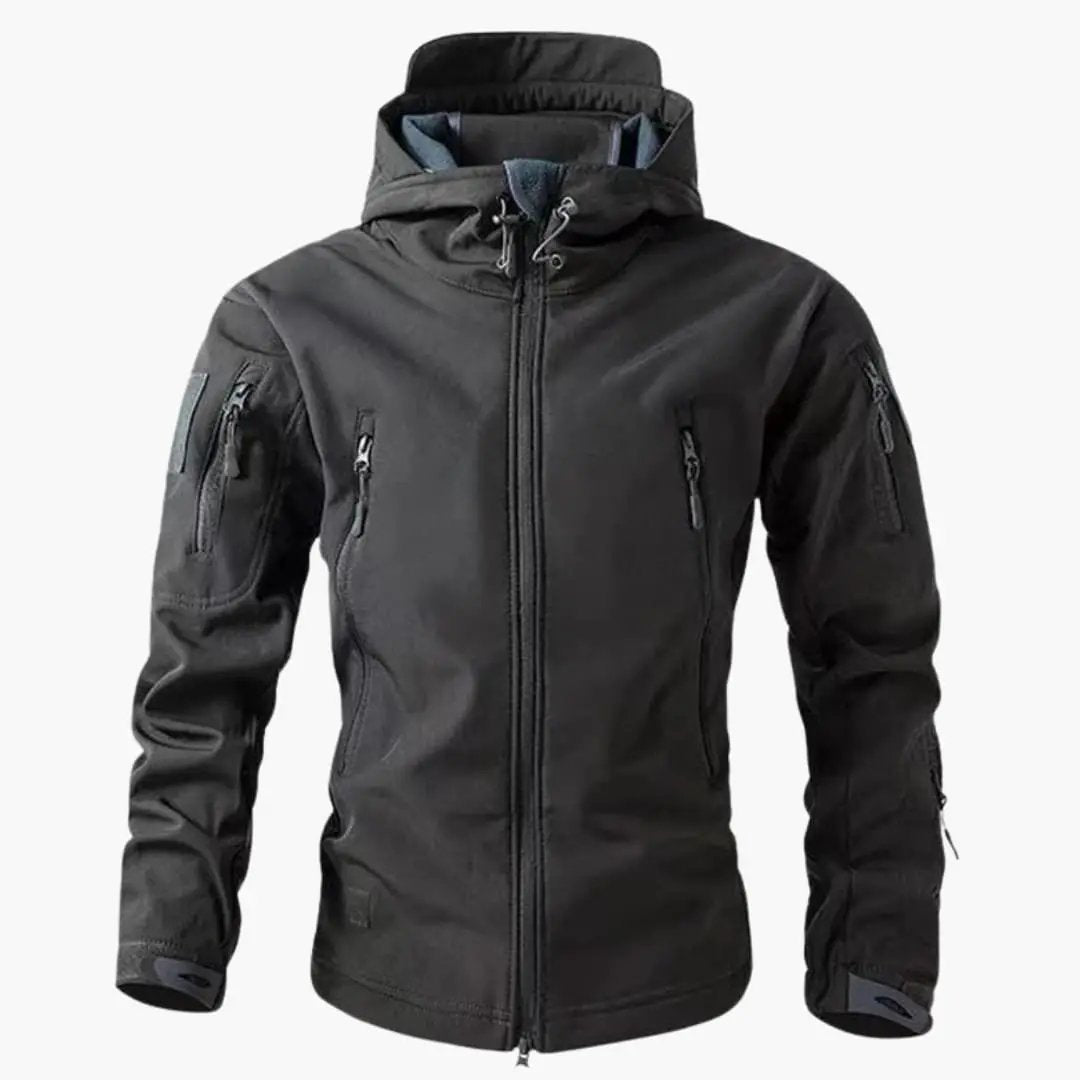 Men's black/gray softshell jacket with hood, front zip closure and multiple zip pockets by Wilfred Smith
