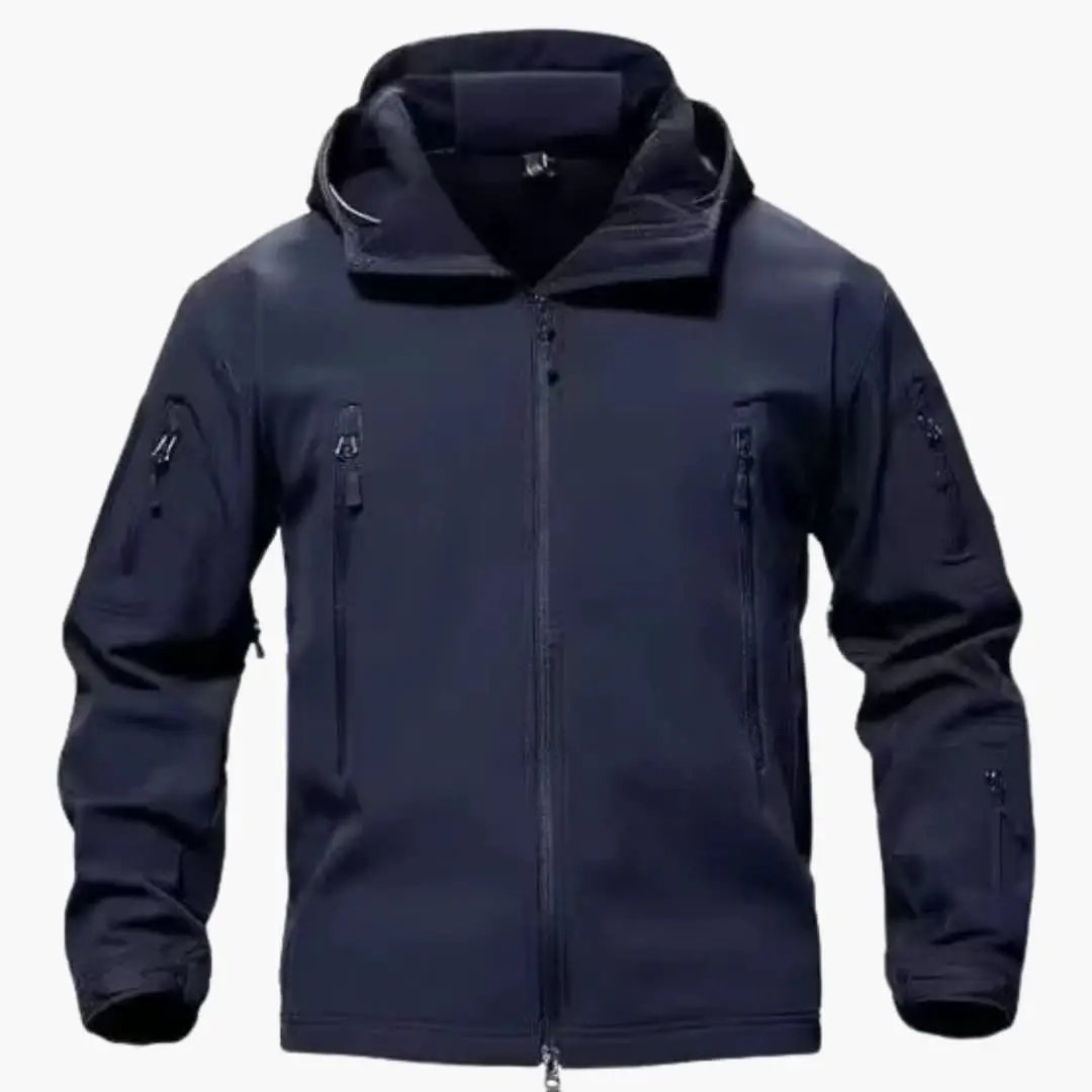 Men's navy blue softshell jacket with hood and zip pockets