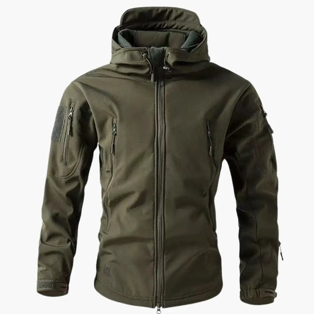 Men's jacket with zipper pockets and hood, olive green softshell by Wilfred Smith