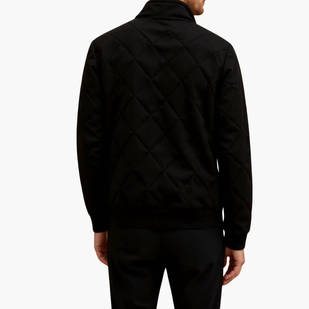 Men's black quilted jacket with diamond pattern and zipper, back view.