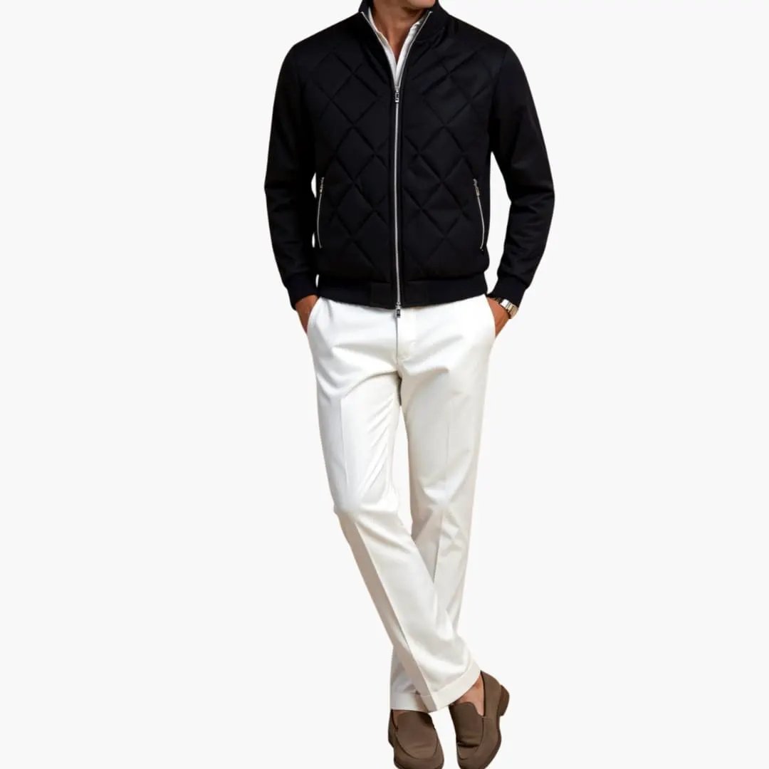 Men's black quilted jacket with front zipper and zip pockets