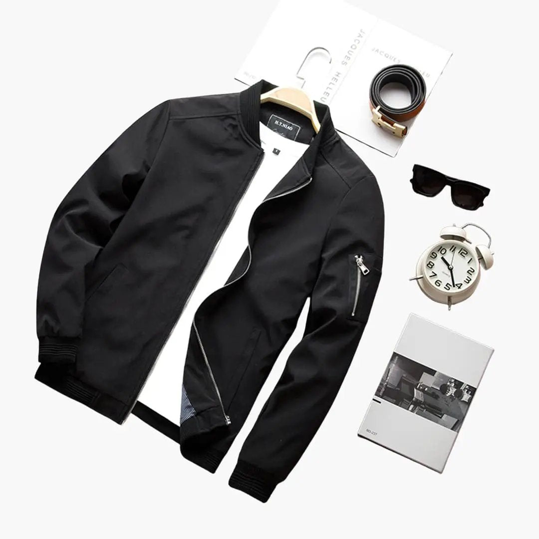 Men's bomber jacket by Wilfred Smith with front zipper and two side pockets in black