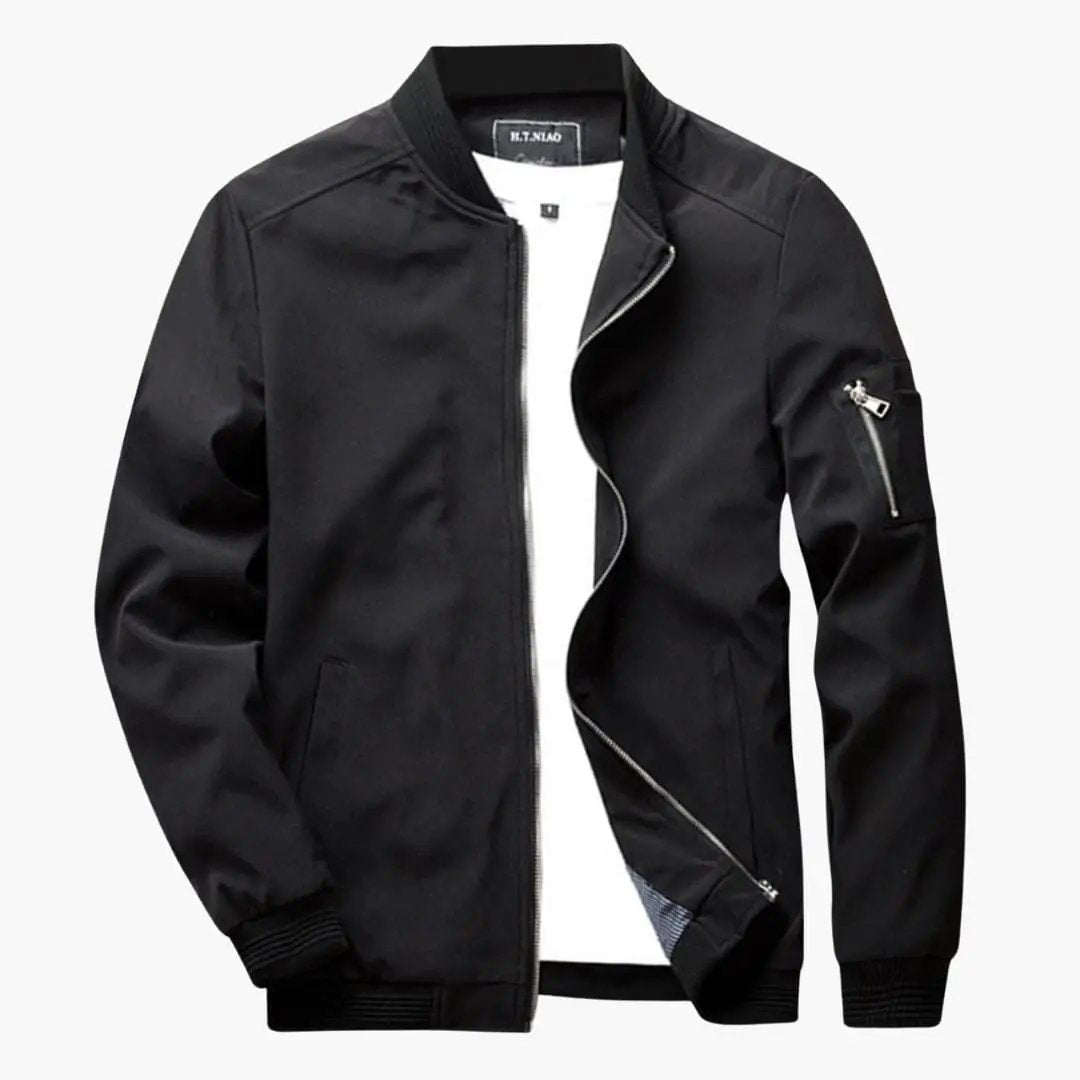 Men's black Wilfred Smith bomber jacket with zipper front and two side pockets
