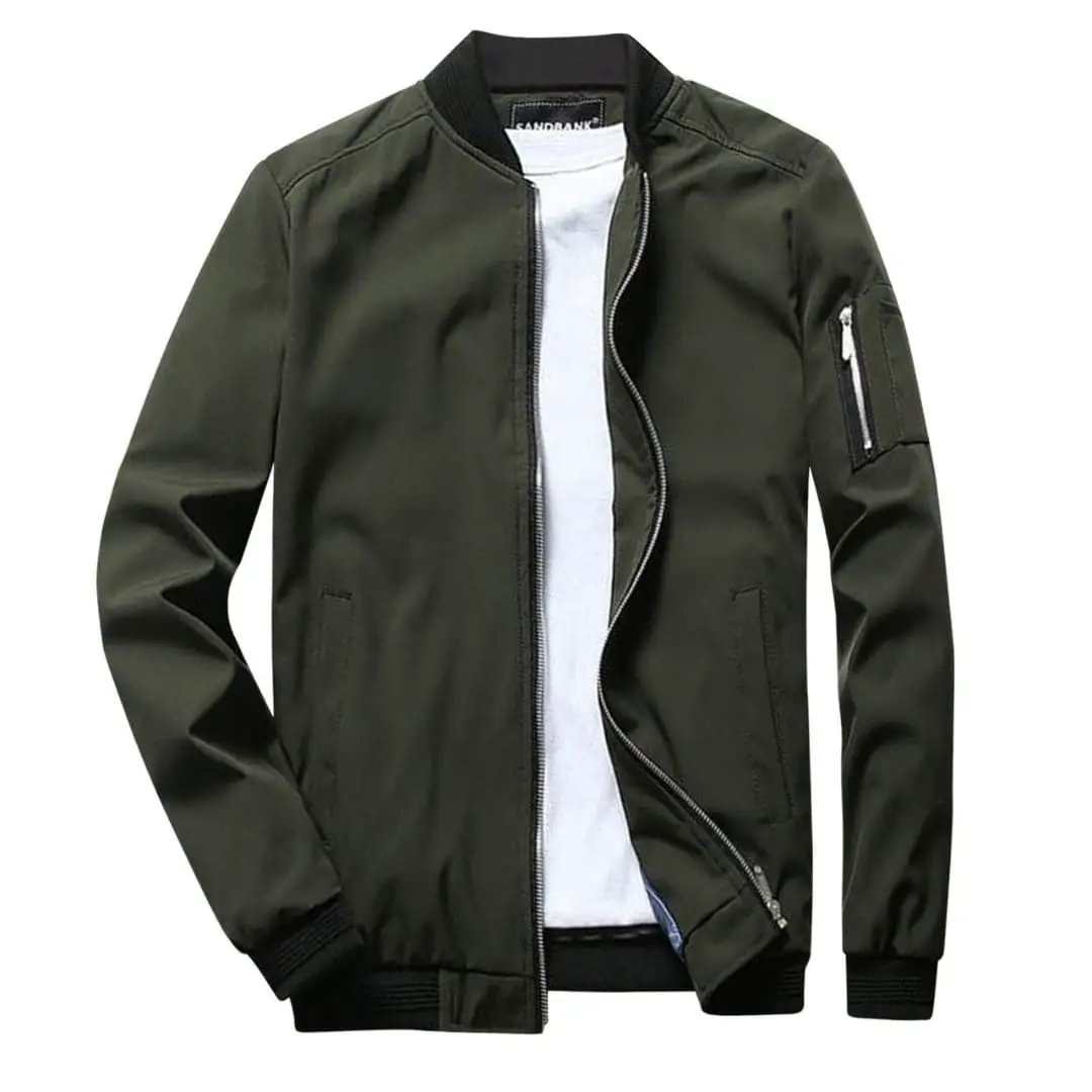 Men's olive bomber jacket with zipper and two side pockets