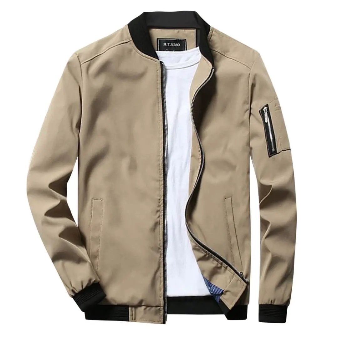 Men's beige bomber jacket with zipper, two side pockets and black ribbed cuffs and hem