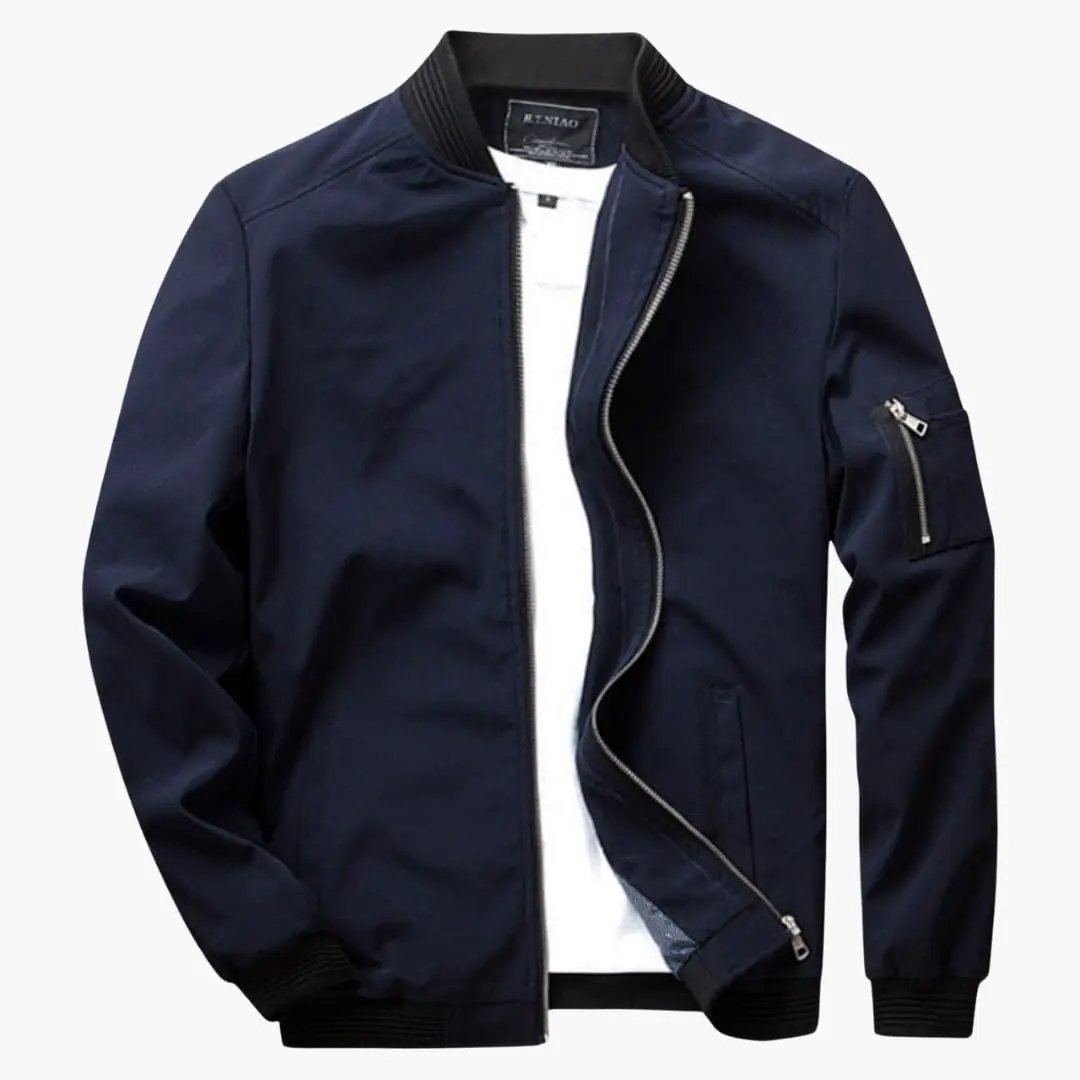 Men's navy bomber jacket with front zipper and two side pockets by Wilfred Smith