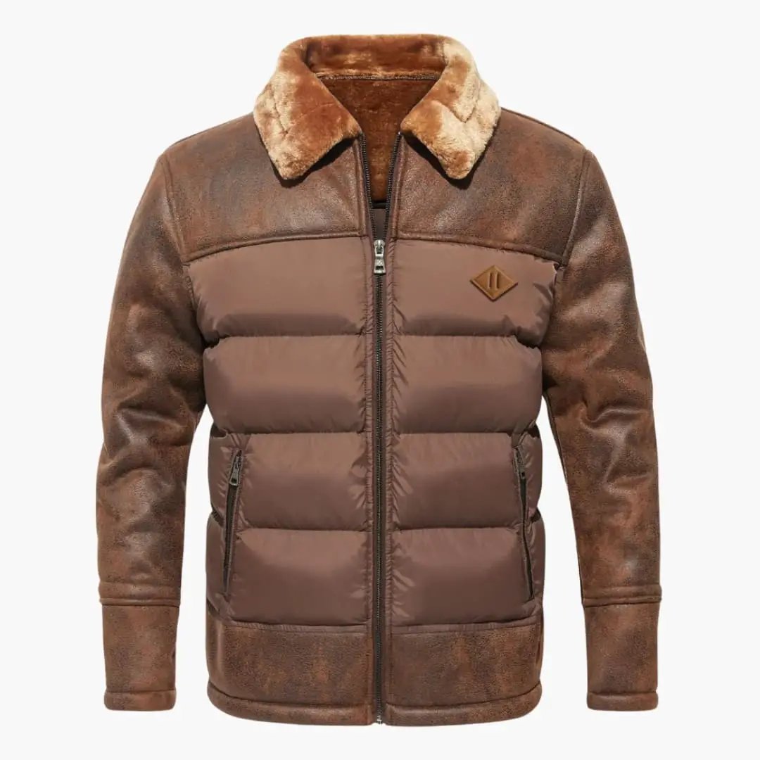Men's quilted brown jacket with a faux fur collar and leather-look sleeves, front zip