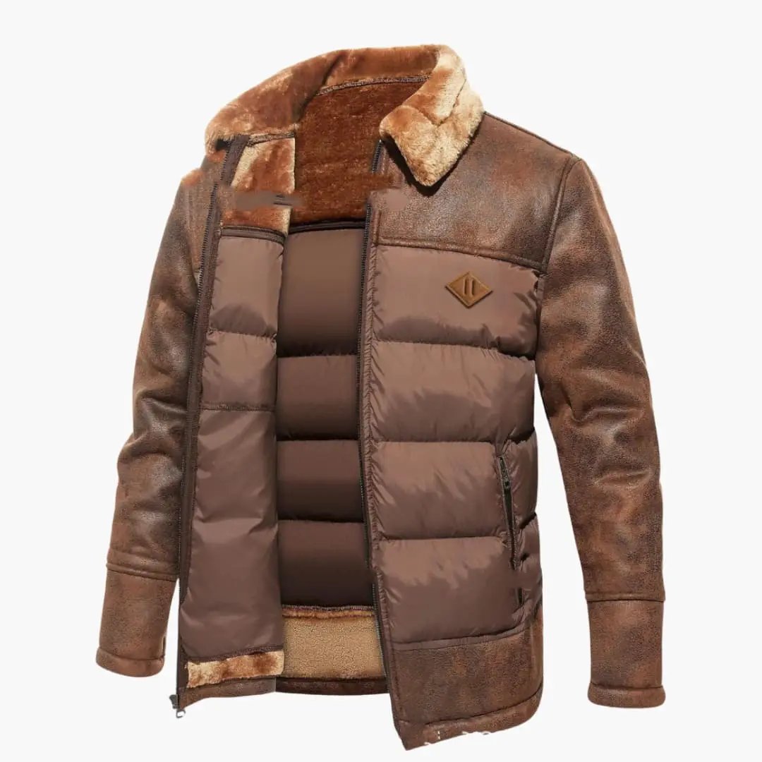 Men's quilted jacket with faux fur collar by Wilfred Smith, brown body