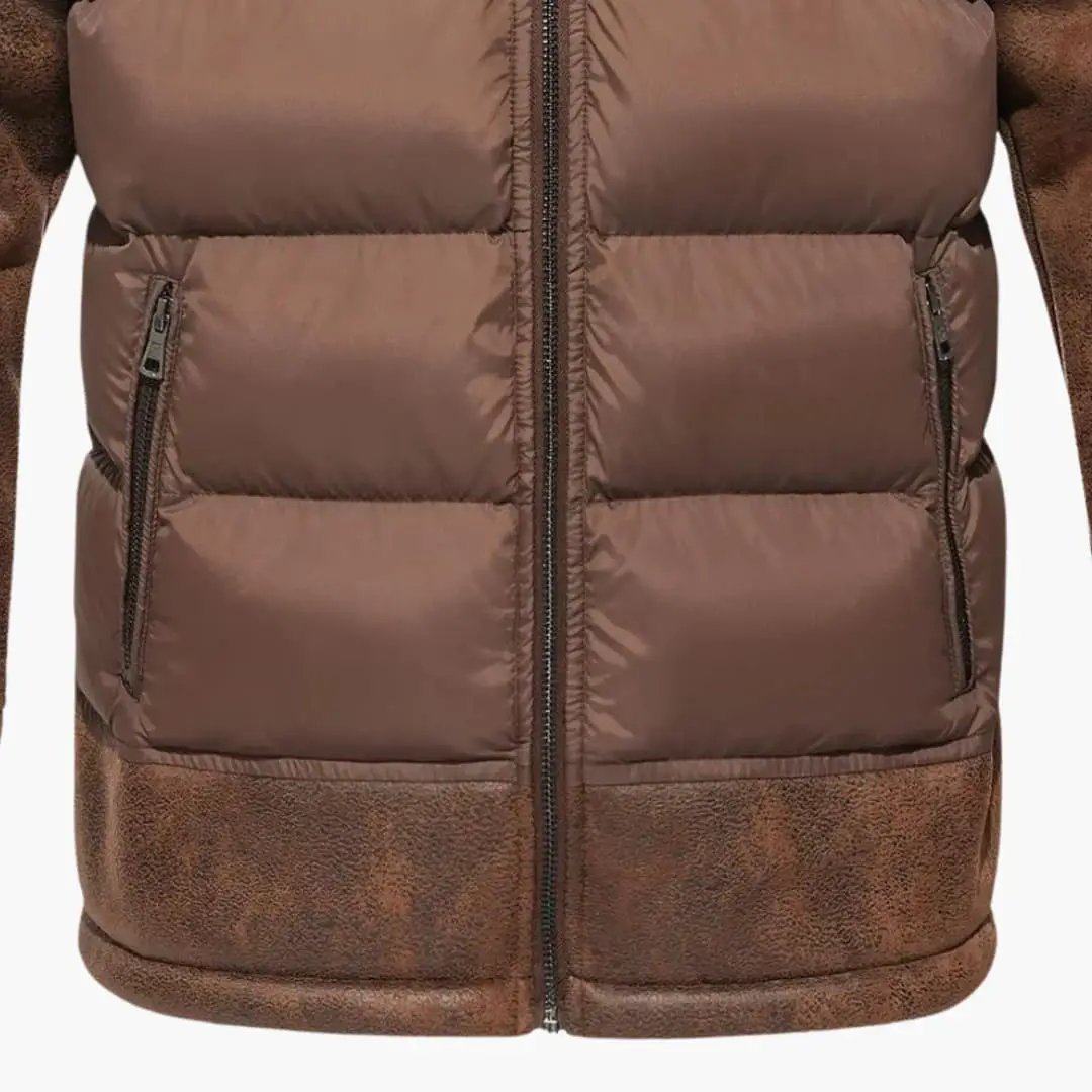 Men's Quilted Jacket by Wilfred Smith in brown with faux fur collar, front zip, zip pockets