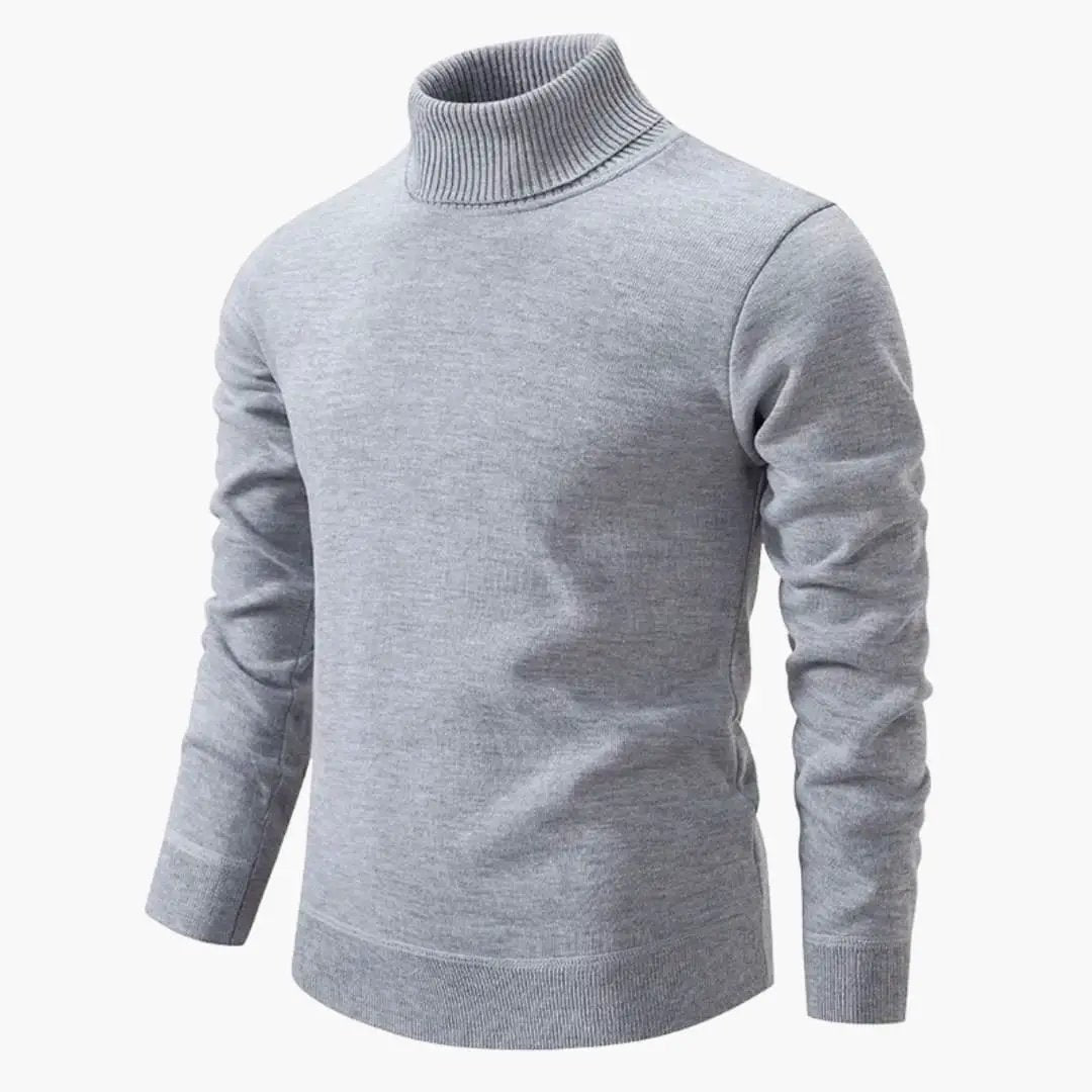Men's gray knitted turtleneck sweater with long sleeves and ribbed cuffs and hem