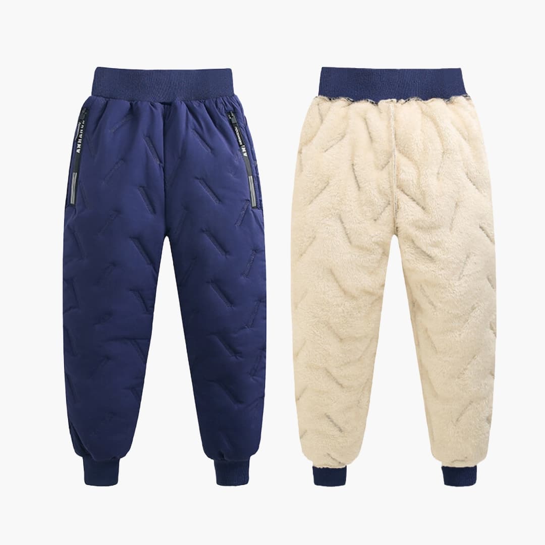Children's Quilted Pants with Elastic Waistband by Wilfred Smith, navy quilted pants and beige fleece pants