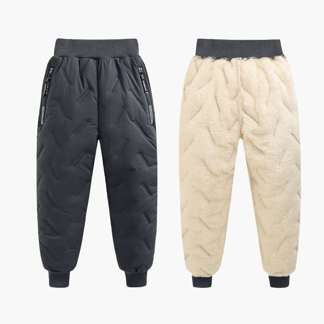 Children's Quilted Pants with Elastic Waistband, 2 pairs in black quilted and beige sherpa fleece for winter wear.