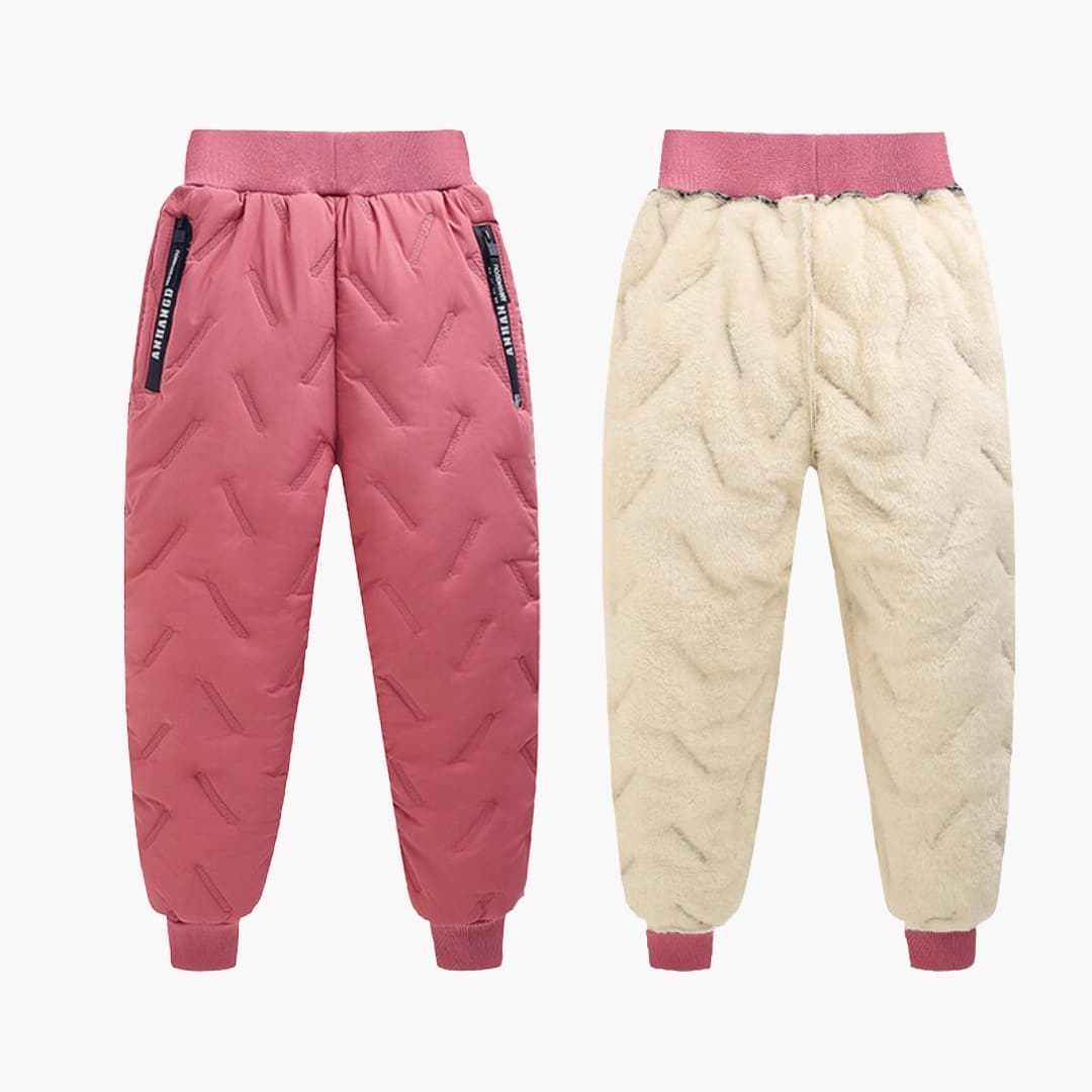 Children's quilted pants with elastic waistband by Wilfred Smith, pink and beige, winter pants, 2 pairs