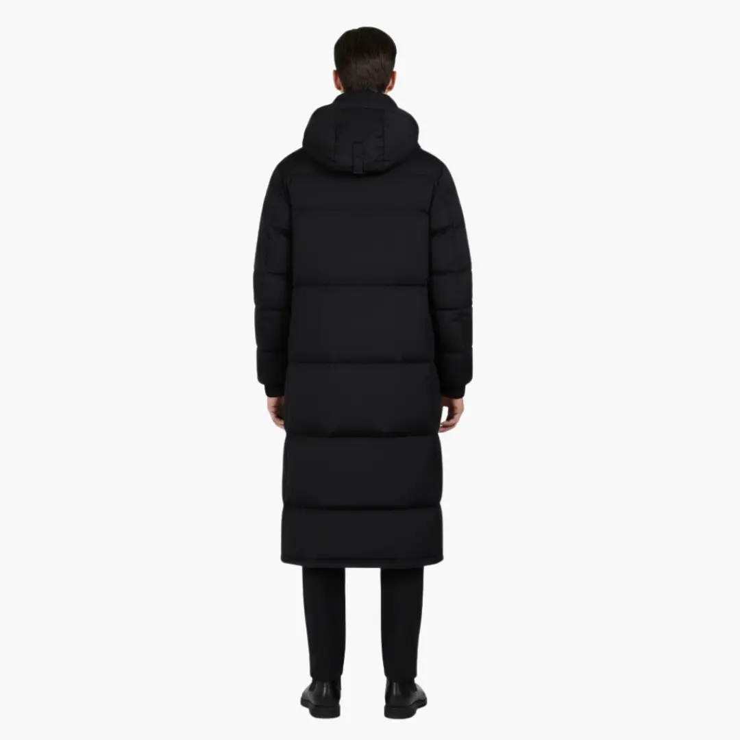 Men's long coat with hood, black puffer parka back view.