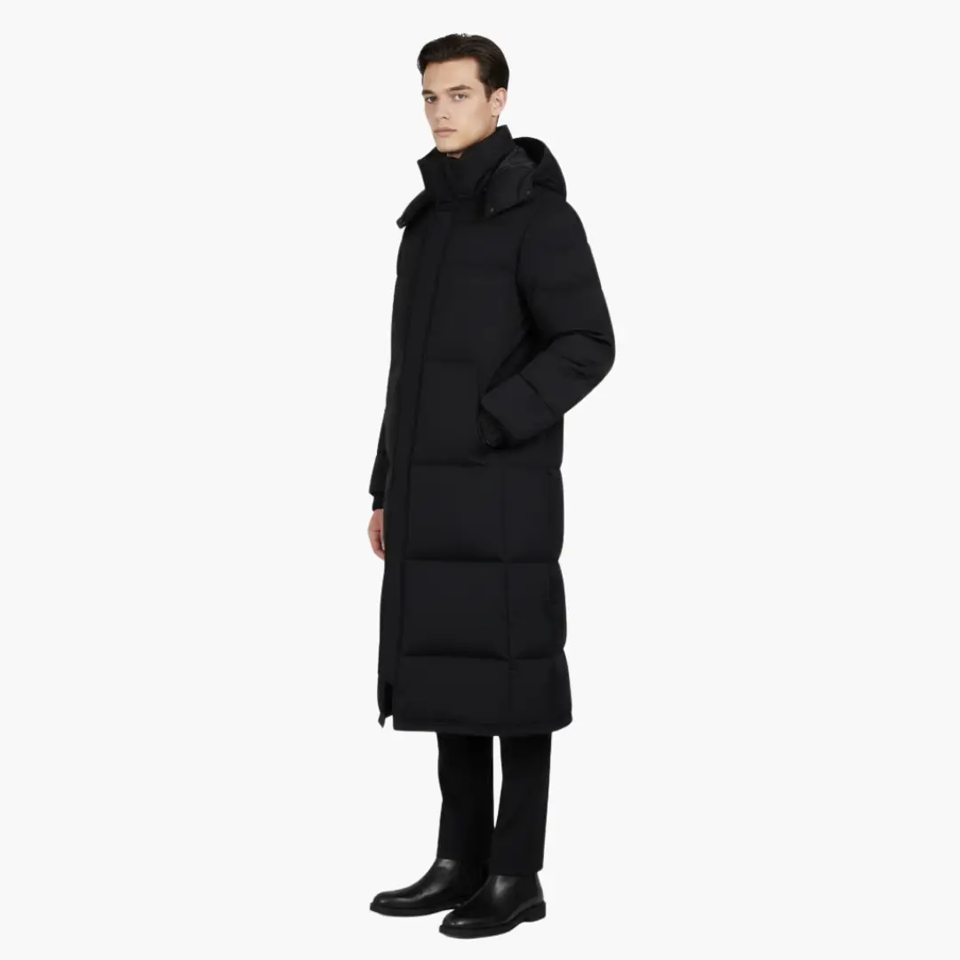 Men's long Wilfred Smith parka with hood, black, zip closure