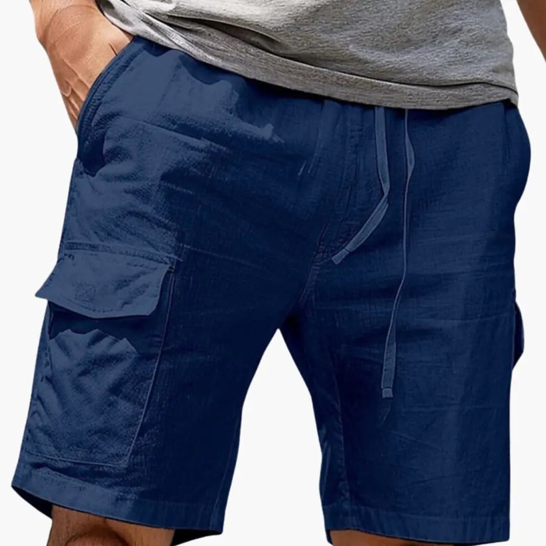 Men's cargo shorts navy blue, above-knee length with elastic waistband, drawstring, and side cargo pocket.