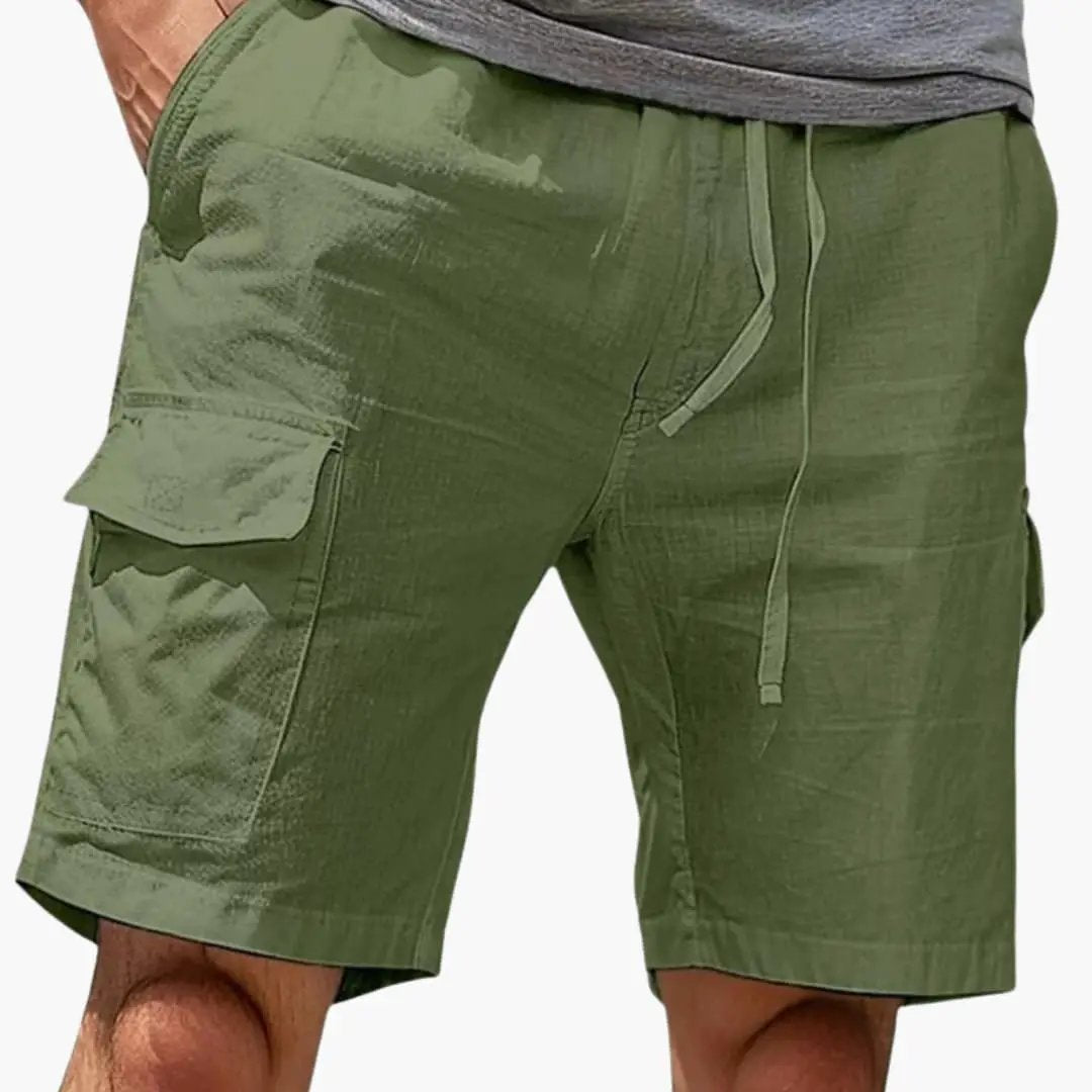Men's above-knee cargo shorts in olive green with elastic waistband and utility pockets