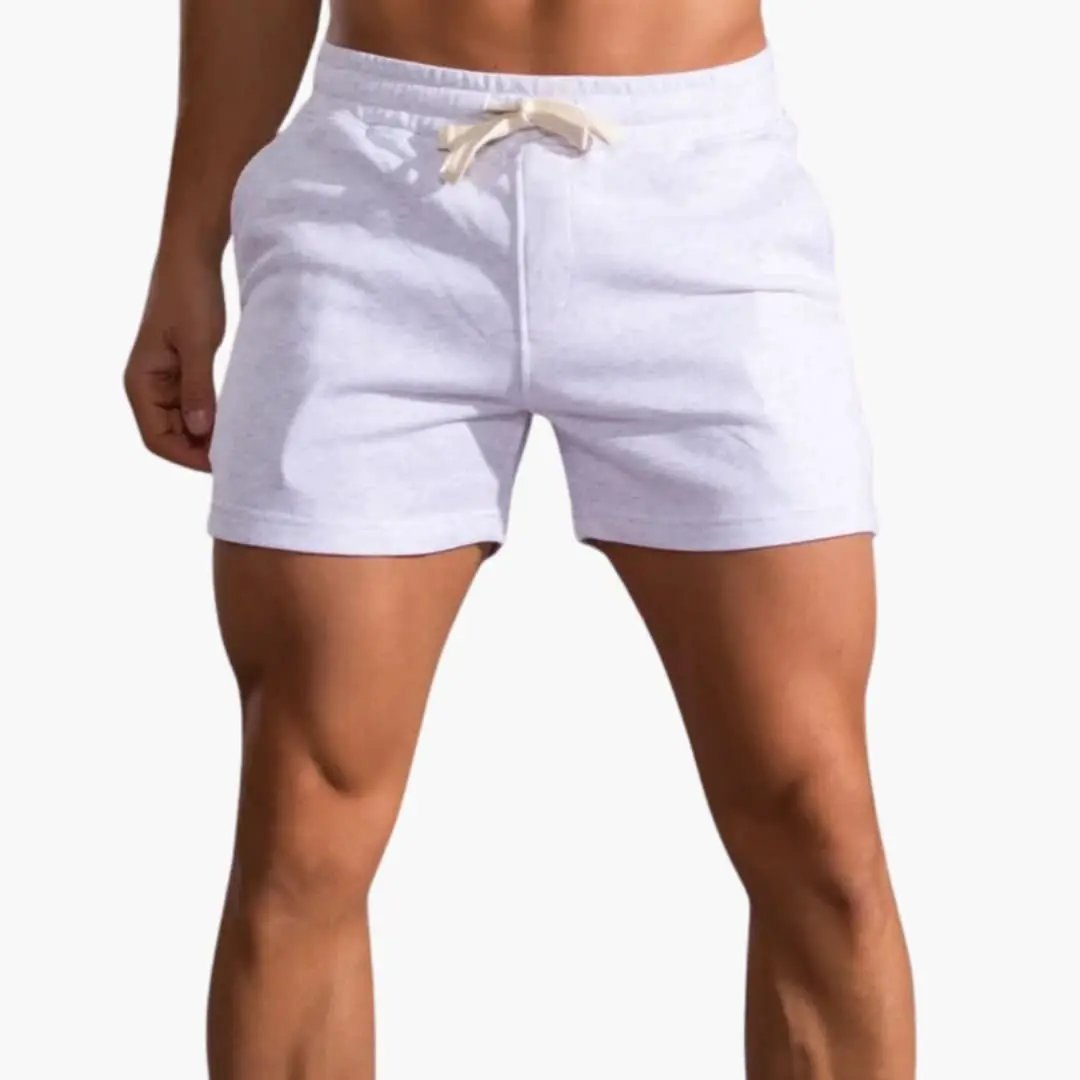 Men's Wilfred Smith above-knee shorts with elastic waistband and drawstring, light gray