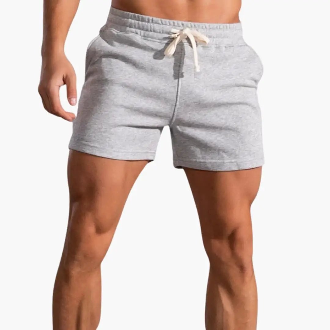 Men's above-knee shorts with elastic waistband and drawstring in gray heather by Wilfred Smith.