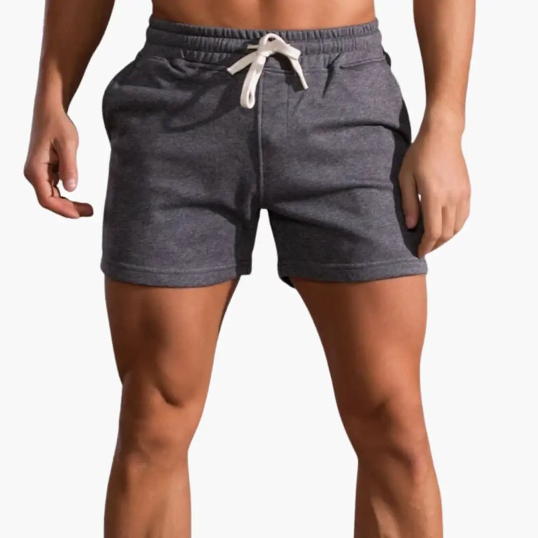 Men's above-knee shorts with elastic waistband and white drawstring in charcoal gray