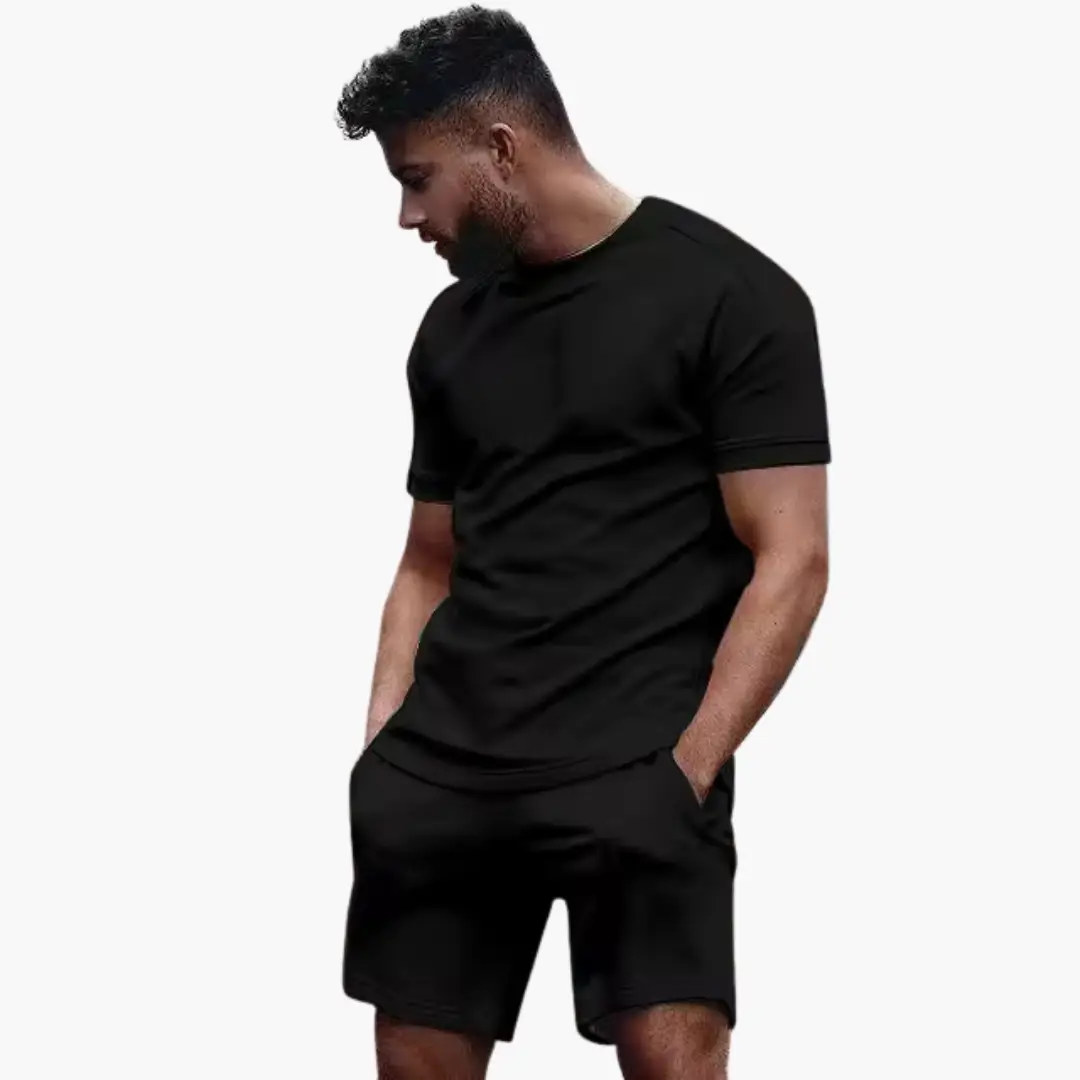 Men's athletic two-piece set: black short-sleeve T-shirt and black performance shorts