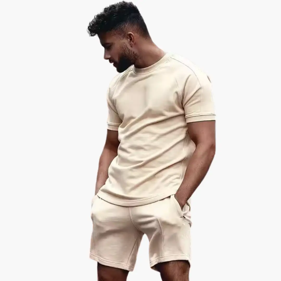 Men’s athletic two-piece beige set with short-sleeve T-shirt and matching shorts