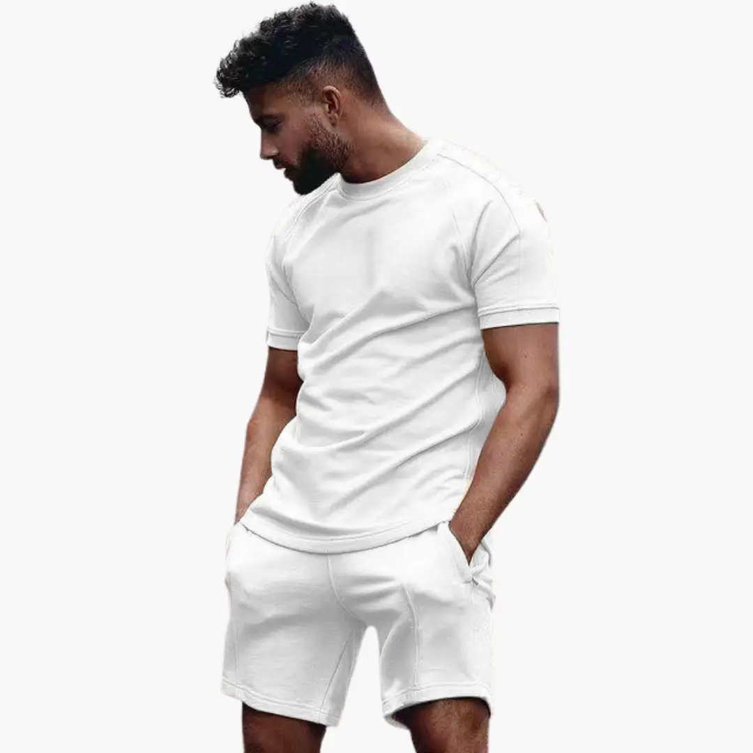 Men’s athletic two-piece set: white short-sleeve T-shirt and matching shorts