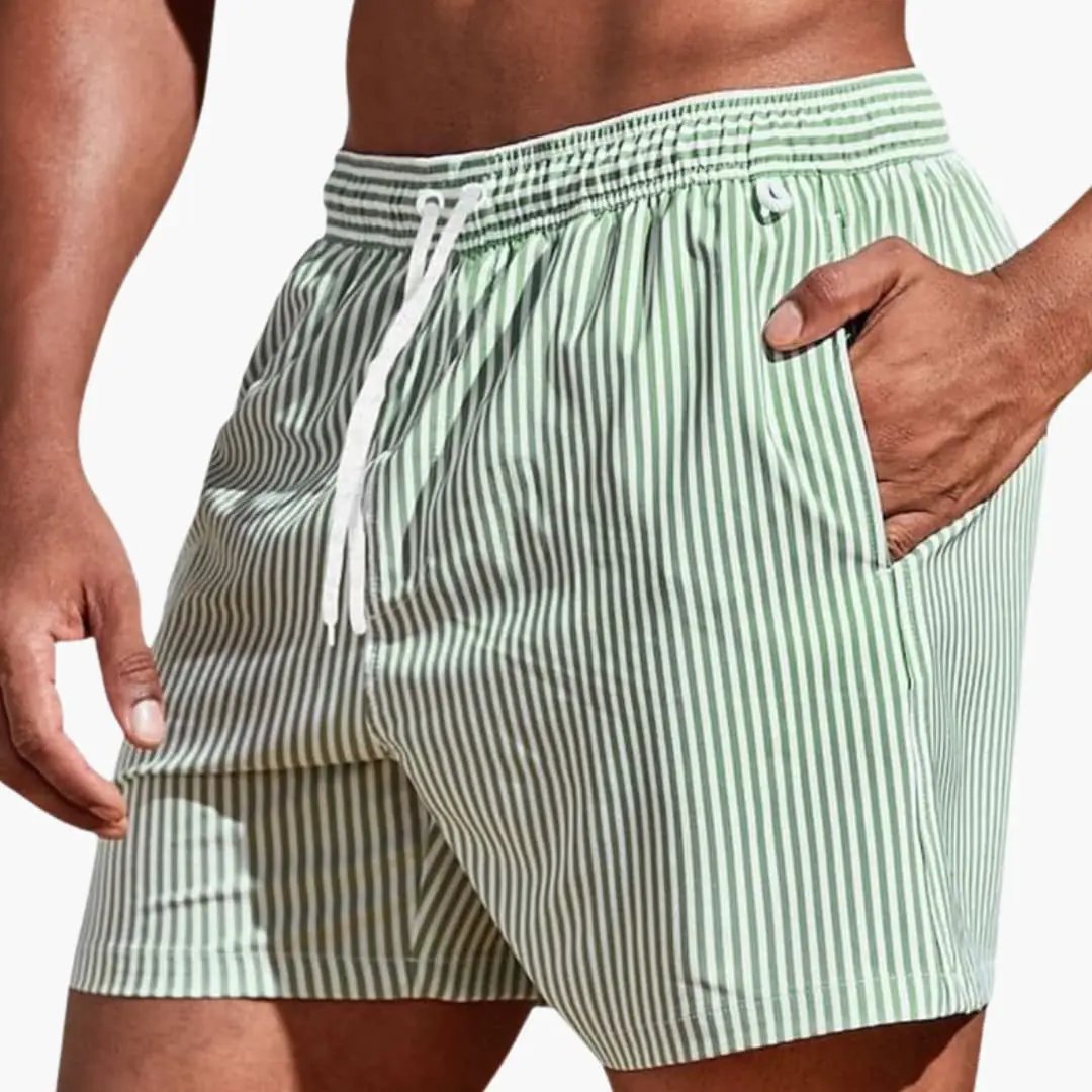 Men’s Board Shorts with elastic waistband in green and white striped design