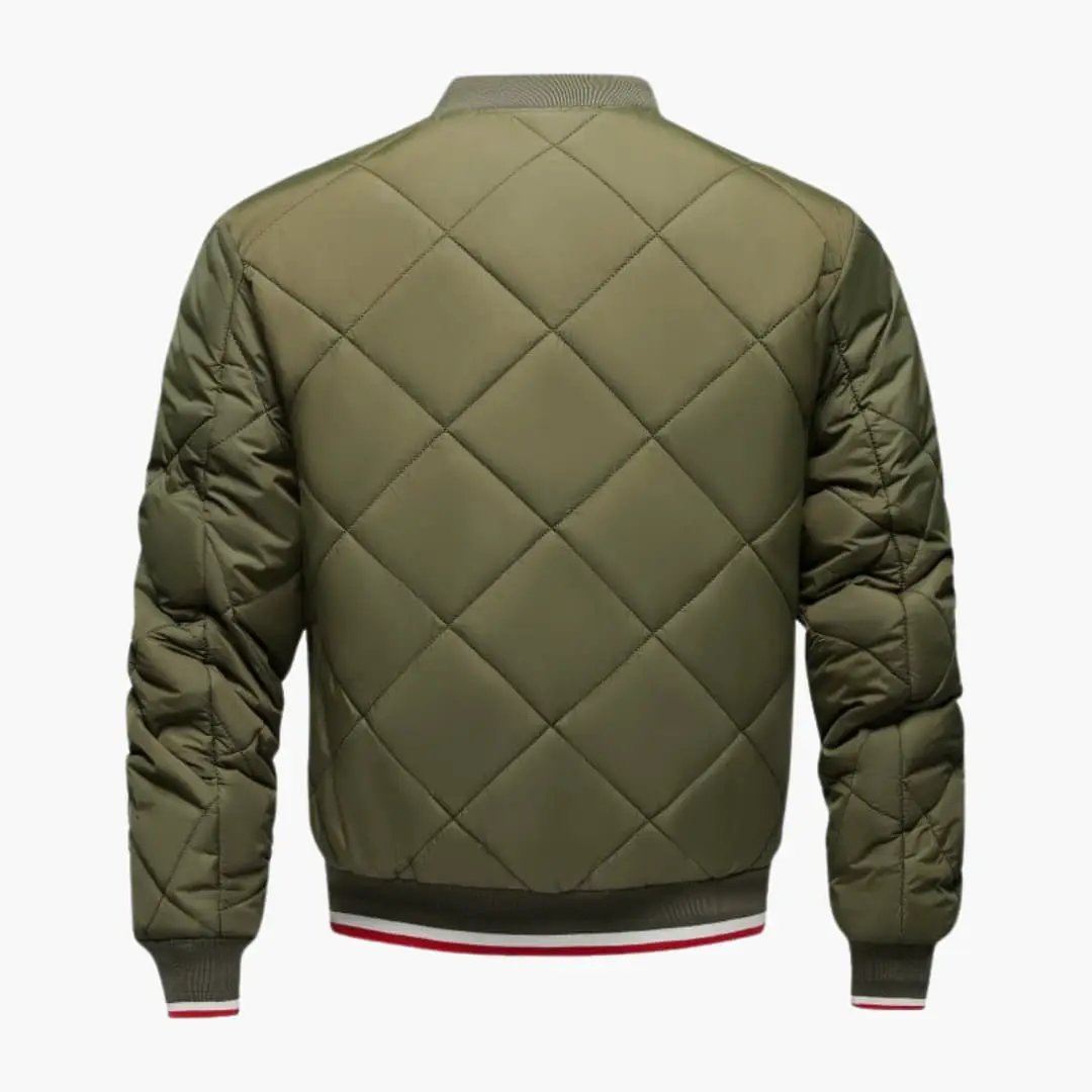 Men’s bomber jacket by Wilfred Smith in olive green with diamond quilted pattern and striped ribbed cuffs.